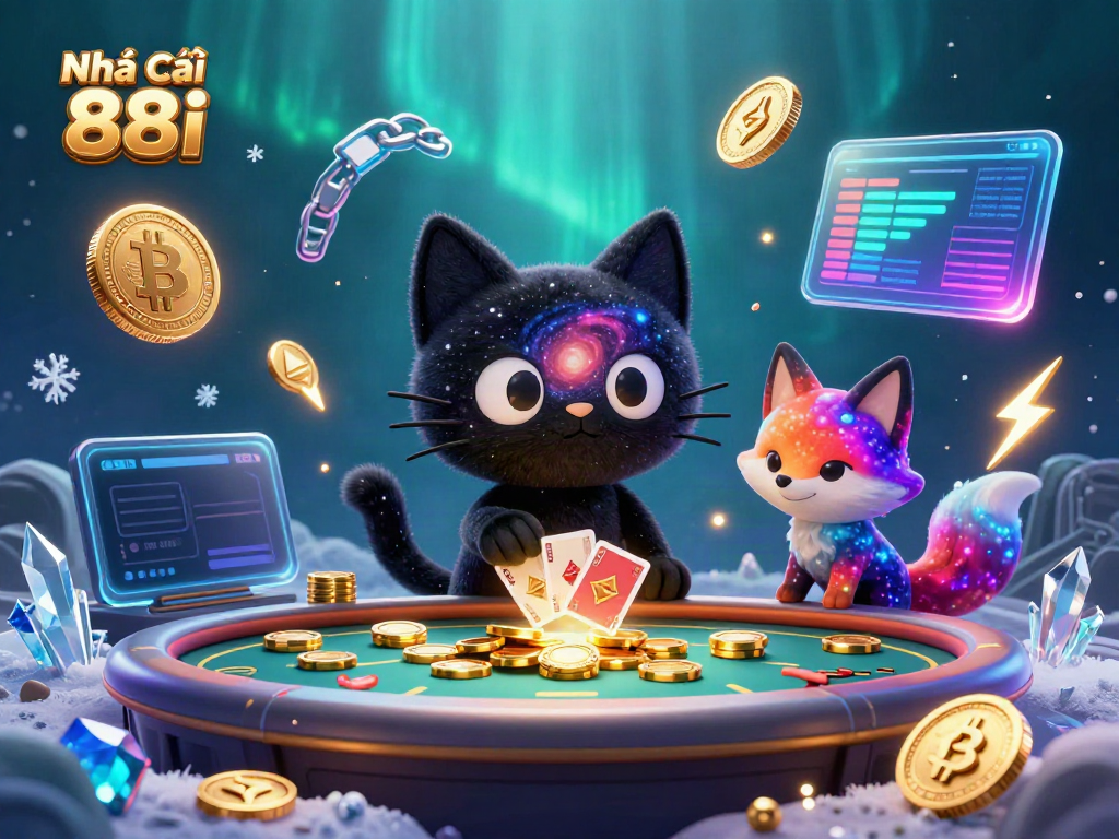 Experience the captivating world of Nhà cái 88i with a cosmic casino scene featuring a black hole cat and nebula fox.