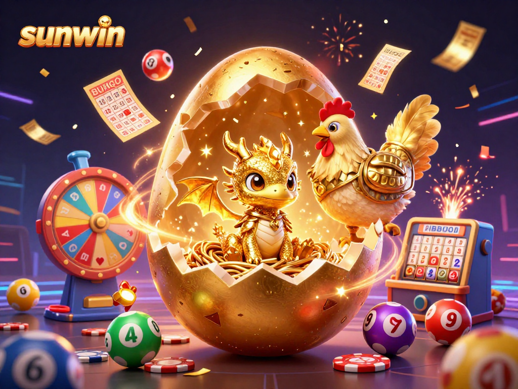 Experience the thrill of sunwin with a vibrant lottery scene featuring a golden dragon, poker chips, and colorful elements.