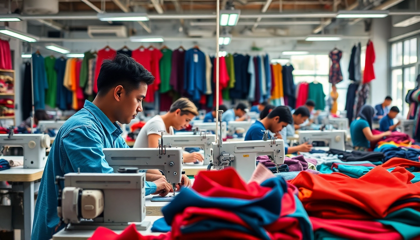 Clothing Manufacturer China showcasing vibrant textile production processes in a professional workshop.