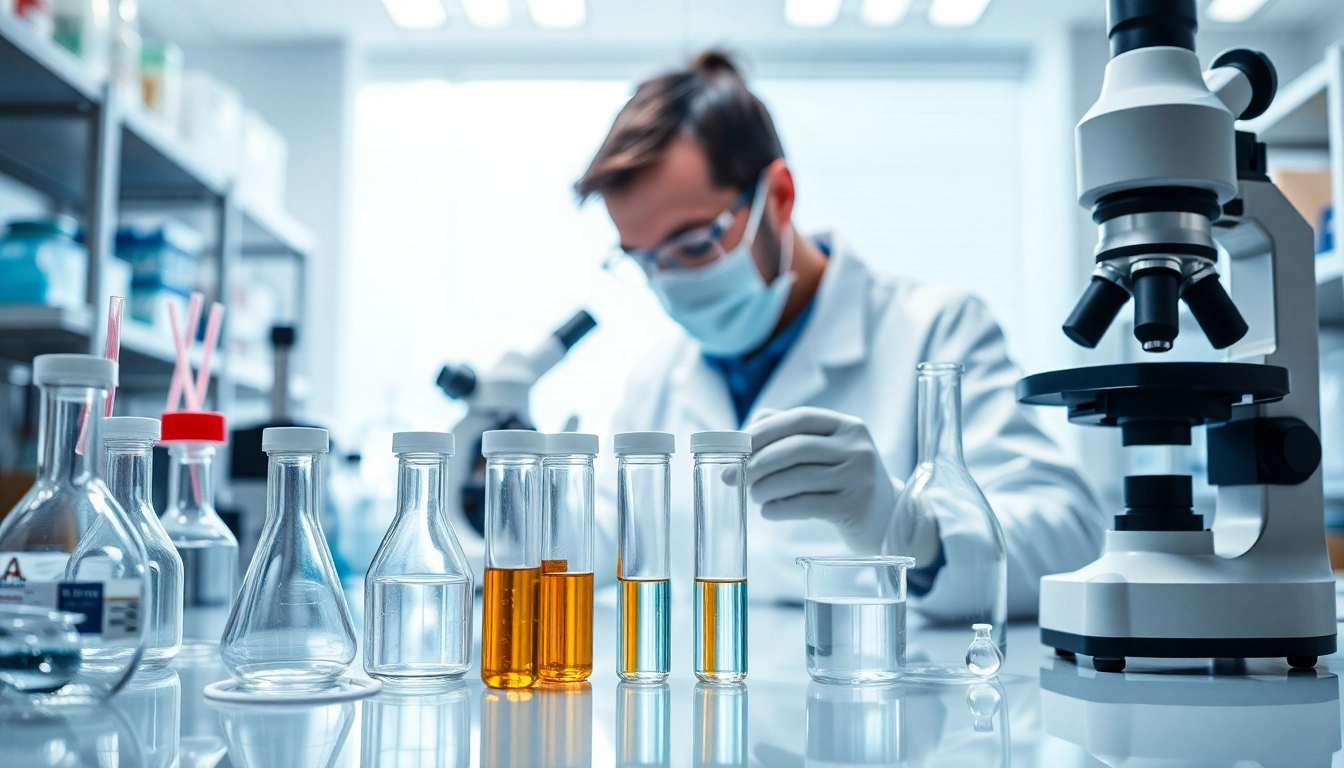 Labormaterial bestellen in einem aufgeraeumten Labor mit getesteten Materialien und einem Techniker.