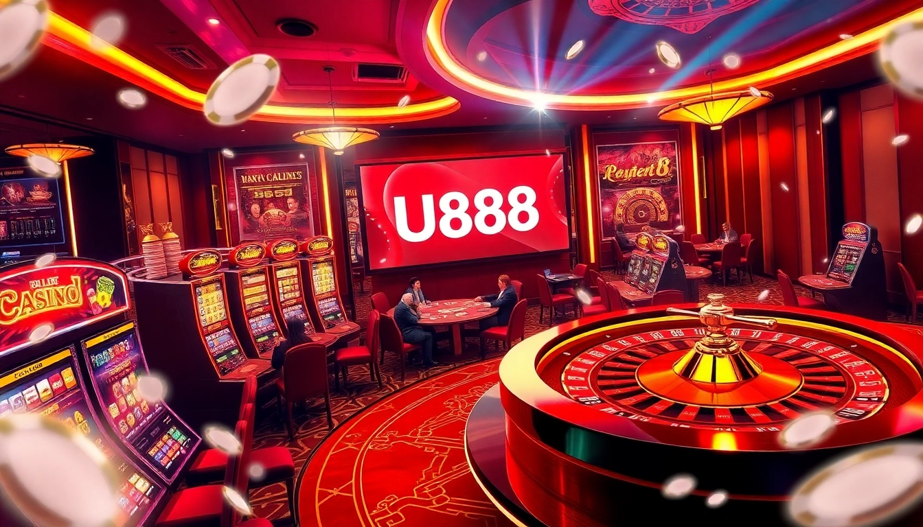 Experience the vibrant U888 casino atmosphere with lively players at poker tables and dazzling slot machines.