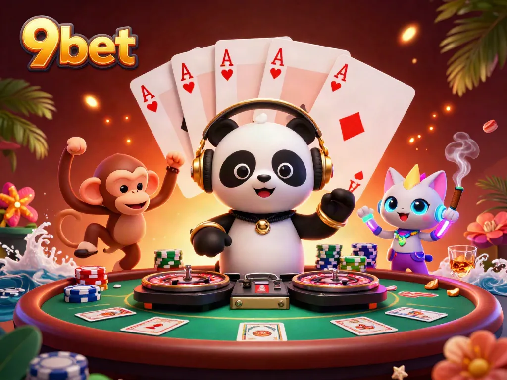 Experience high-energy gaming at 9bet with vibrant 3D characters enjoying poker and casino excitement.