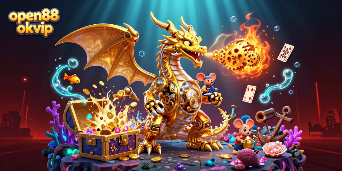 Engage in thrilling games at open88 okvip with a biomechanical dragon and treasure-filled underwater scene.