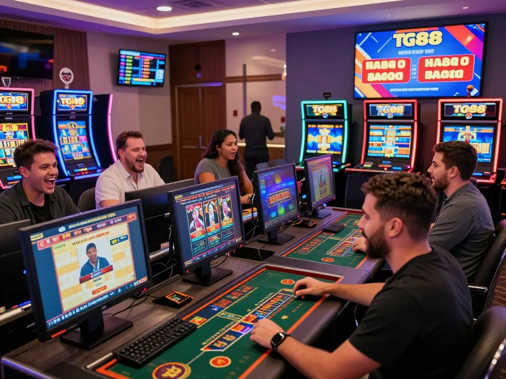 Players enjoying online games at TG88's vibrant virtual casino, showcasing excitement and diverse gaming choices.