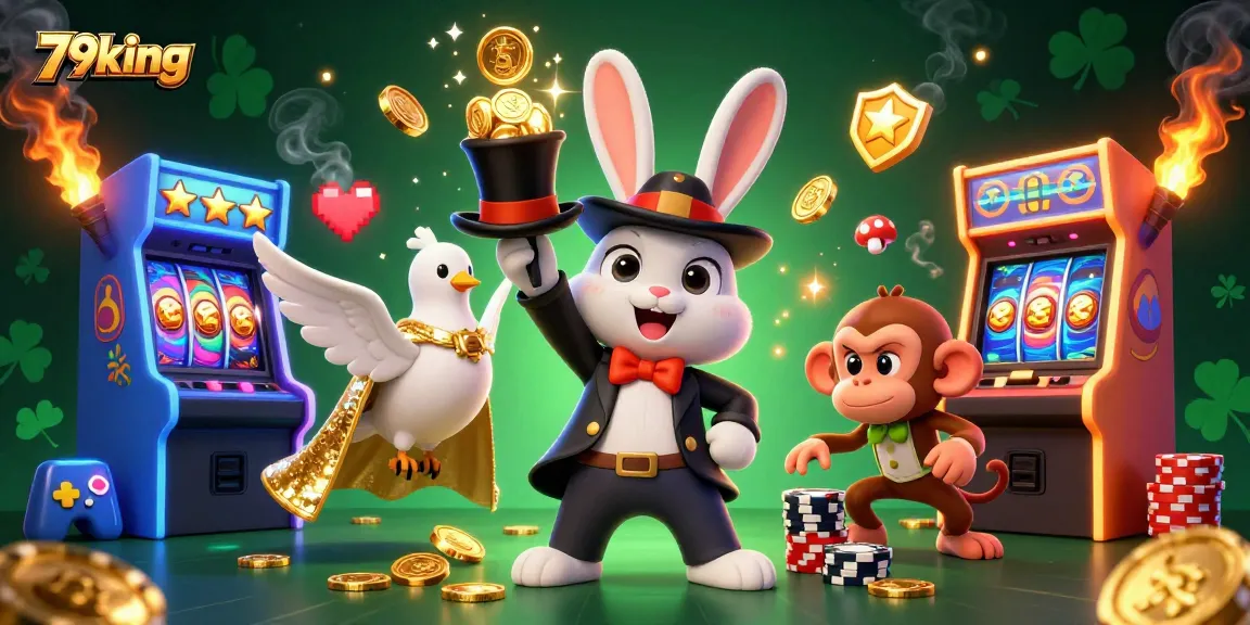 Engage with 79king in an ultra-detailed casino scene featuring a magical rabbit, lively dove, and a playful monkey amidst vibrant game elements.