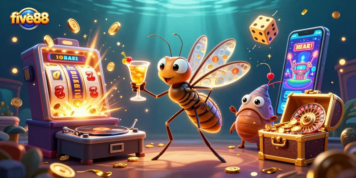five88 casino mascot brings luck with a golden cocktail alongside a trilobite DJ in a vibrant gaming scene