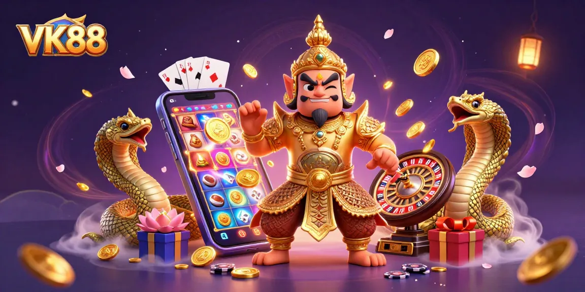 Engage in exciting games with VK88 as golden coins and vibrant slot games come alive in a thrilling casino scene.