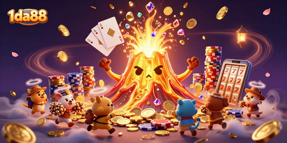 Experience the thrilling 1da88 casino adventure with a triumphant volcano and treasure-hunting animals.