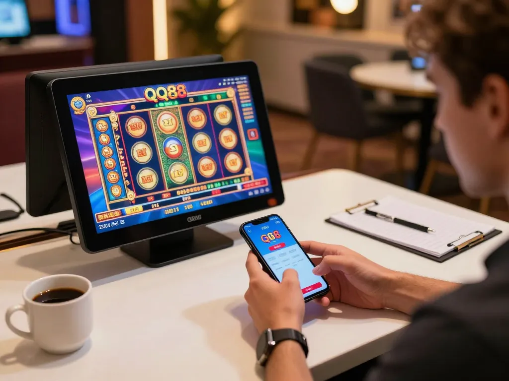 Player engaging with QQ88 app on smartphone, enjoying vibrant slot games in a cozy setting