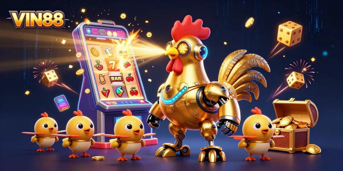 Engage with VIN88's vibrant casino adventure featuring a golden rooster robot and dynamic slot elements.
