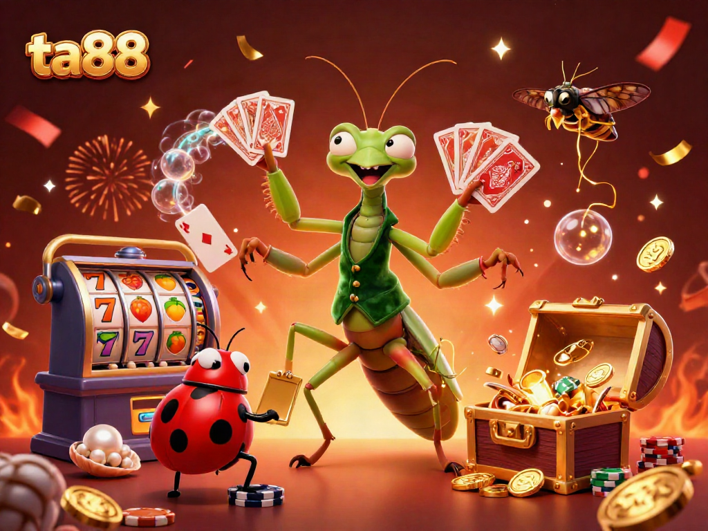 Experience exciting gameplay at ta88 with a vibrant 3D scene featuring casino elements like slot reels and gold coins.