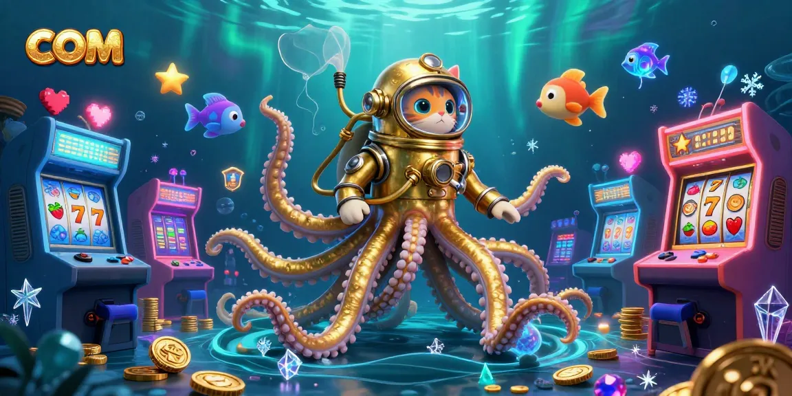 Engage with com through thrilling slot reels featuring golden kraken and diving cat in vibrant underwater scene.