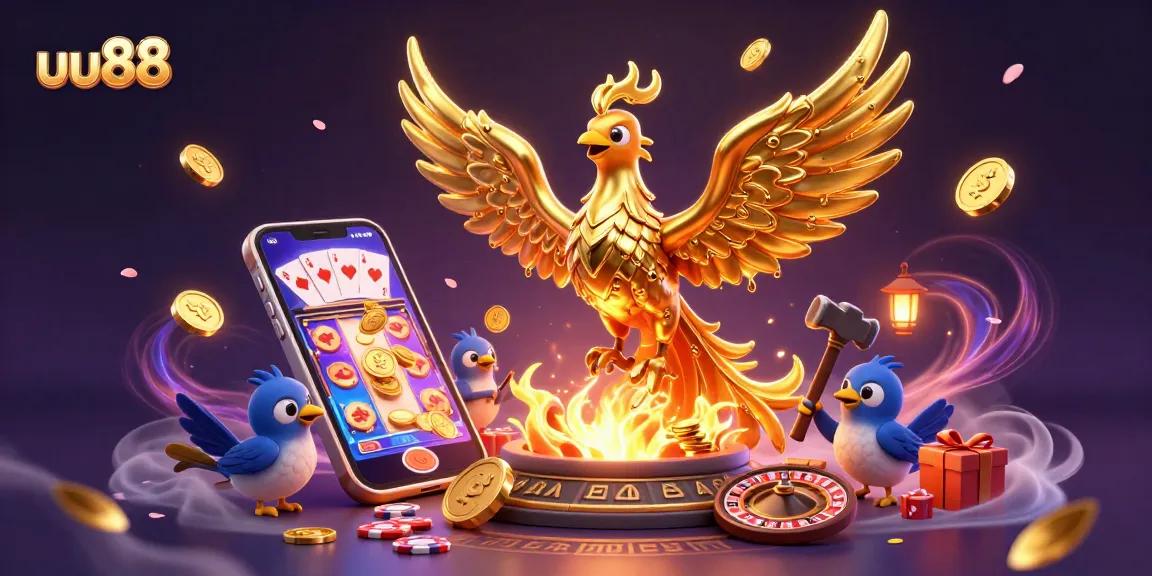 Experience the thrill of uu88 slots with a molten phoenix, golden coins, and colorful game elements.