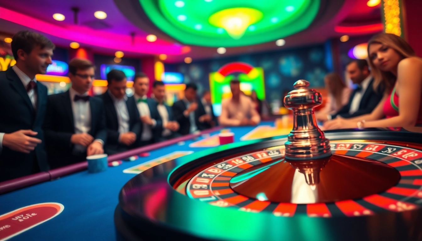 Spieler am Roulette-Tisch bei casinospielen.de mit aufregenden Chips und lebhaften Lichtern.