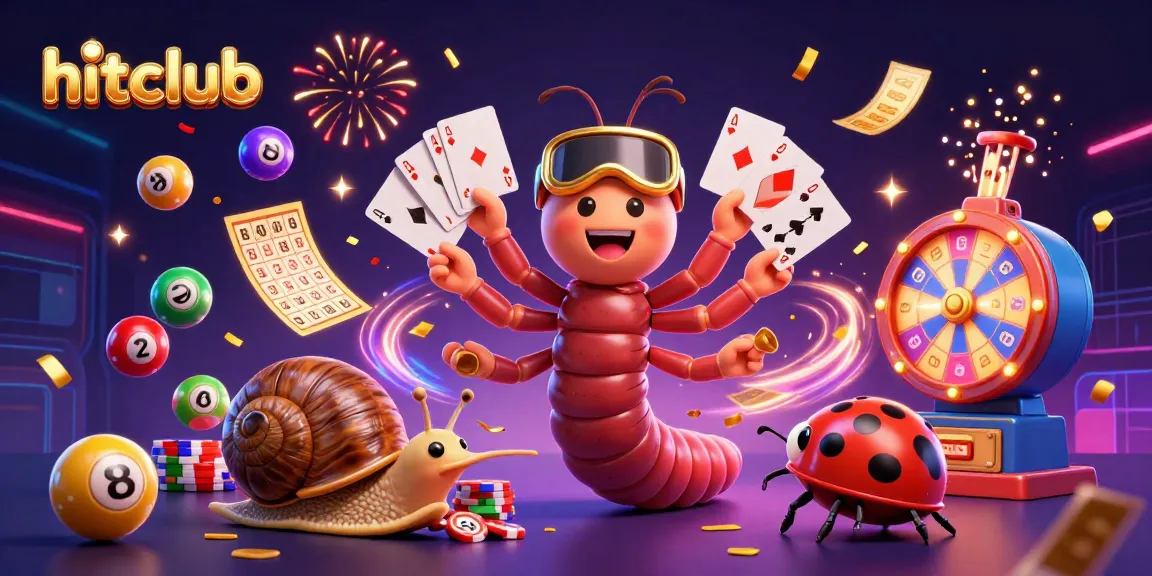 Engage in thrilling games at hitclub, featuring a colorful casino scene with a cartoon millipede dealer.