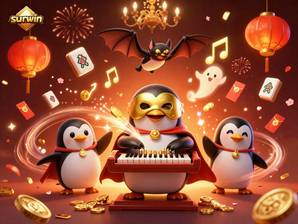 sunwin penguin playing organ while flying tiles and lucky symbols create an exciting casino scene