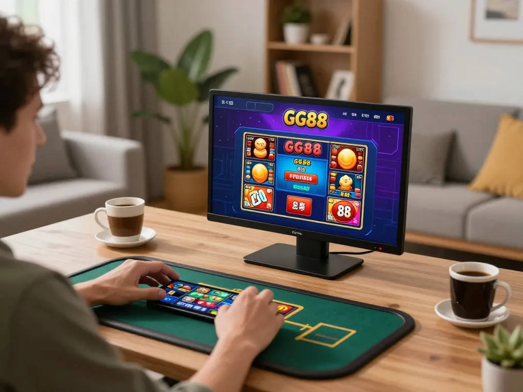 Player enjoying GG88 slots on a smartphone in a cozy home setting, highlighting responsible gambling.