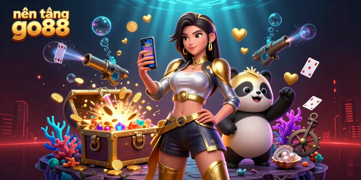 Engage with nền tảng go88 through an exciting 3D gaming illustration showcasing casino elements and characters.