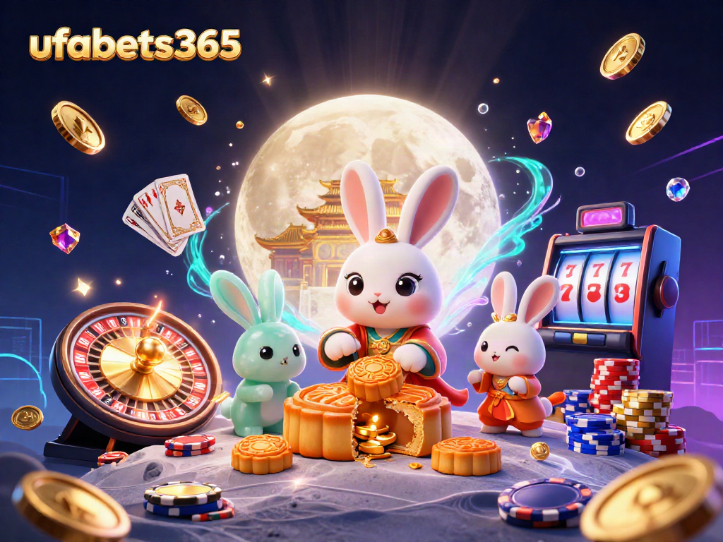 Experience the excitement at ufabets365 with a vibrant casino illustration featuring a moon rabbit and poker elements.