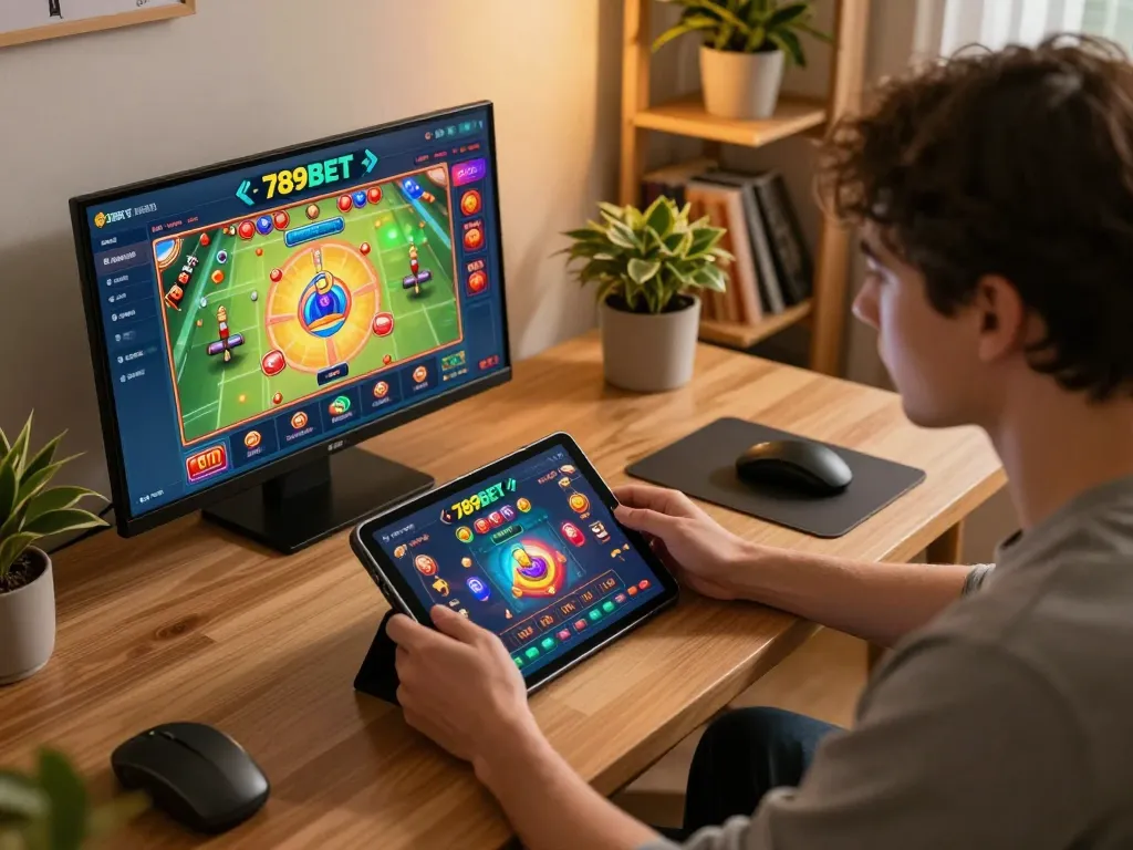 Player engaging with 789BET gaming interface at home, showcasing online casino excitement.