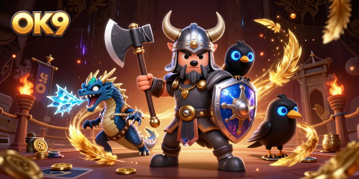 Engage in thrilling gaming at OK9's online casino, featuring a dynamic Viking warrior and dragon.