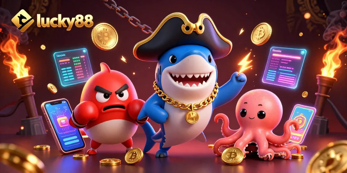 Win big with lucky88 at this vibrant scene featuring a cartoon pirate shark and treasures.