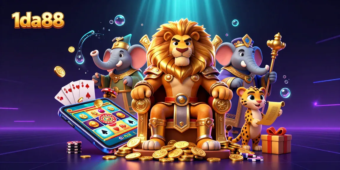 Experience the vibrant energy of 1da88 casino gaming through an animated 3D scene featuring a lion king, an elephant advisor, and a cheetah messenger.
