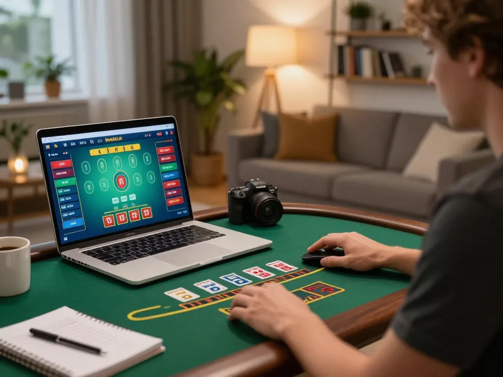Player at home engaging in f8bet80 online blackjack, with cozy lighting and strategy notes visible.