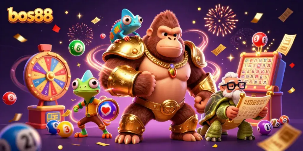 Experience the excitement of bos88 with a dynamic scene featuring colorful lottery elements and engaging characters.