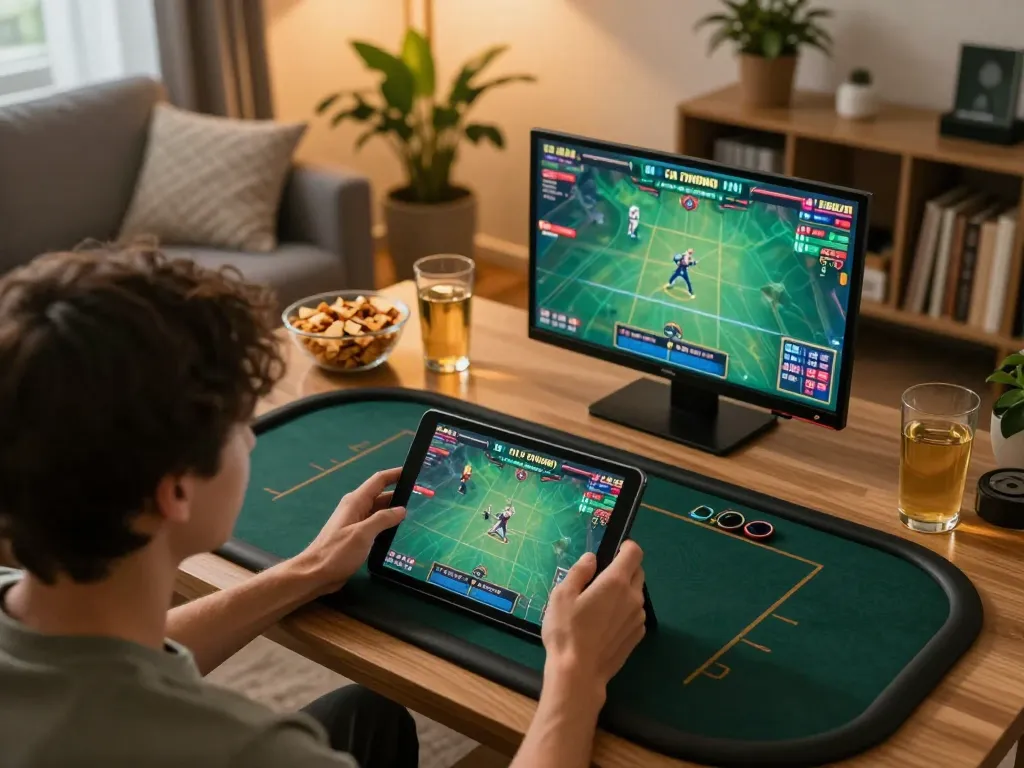 Engaged viewer watching da ga thomo live matches on a tablet in a cozy home setting.