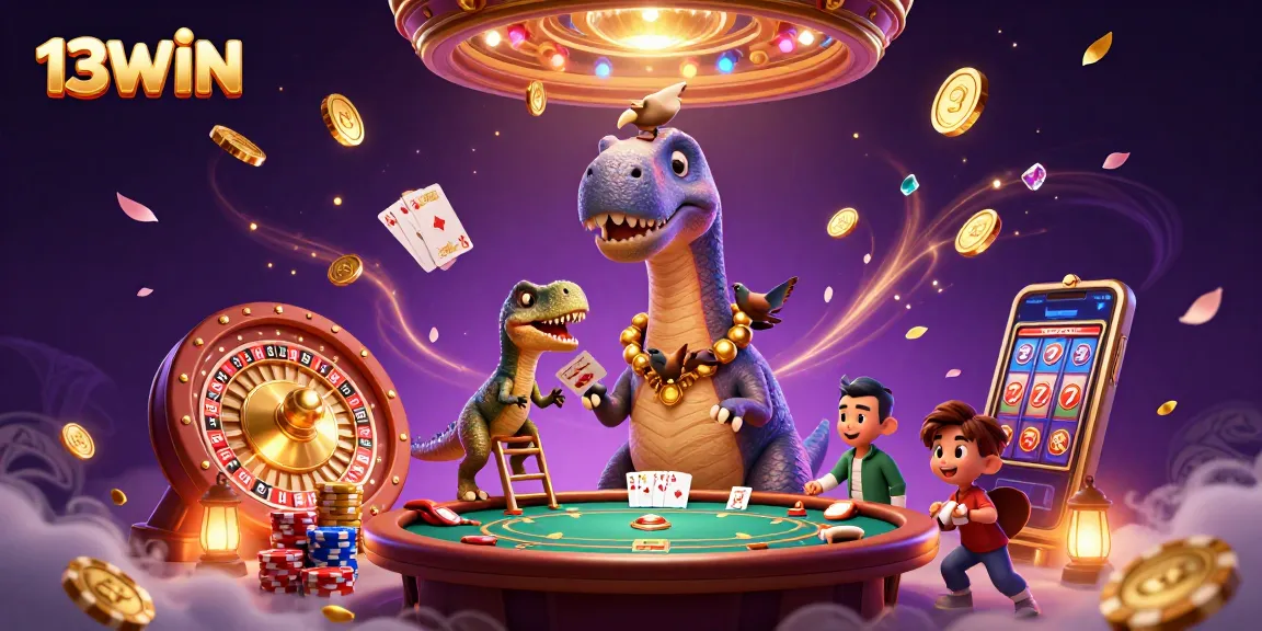 Experience thrilling action at 13WIN with a brontosaurus towering over the casino scene, showcasing an exciting poker game.