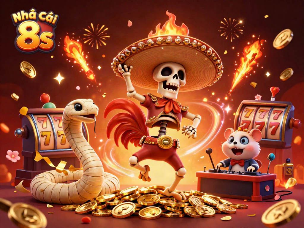 Experience excitement with Nhà cái 8s as a skeleton mariachi rooster celebrates amidst casino elements.