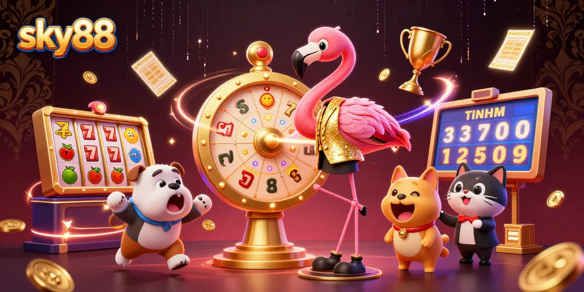 Engage with sky88's vibrant casino experience featuring slot reels and lively characters.