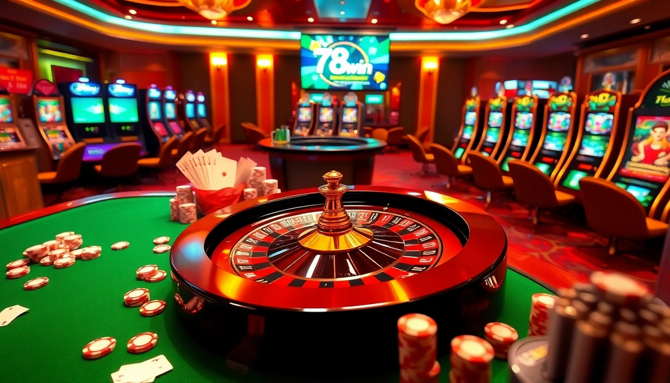 Players enjoying a thrilling game experience at 78win casino with roulette and slot machines.