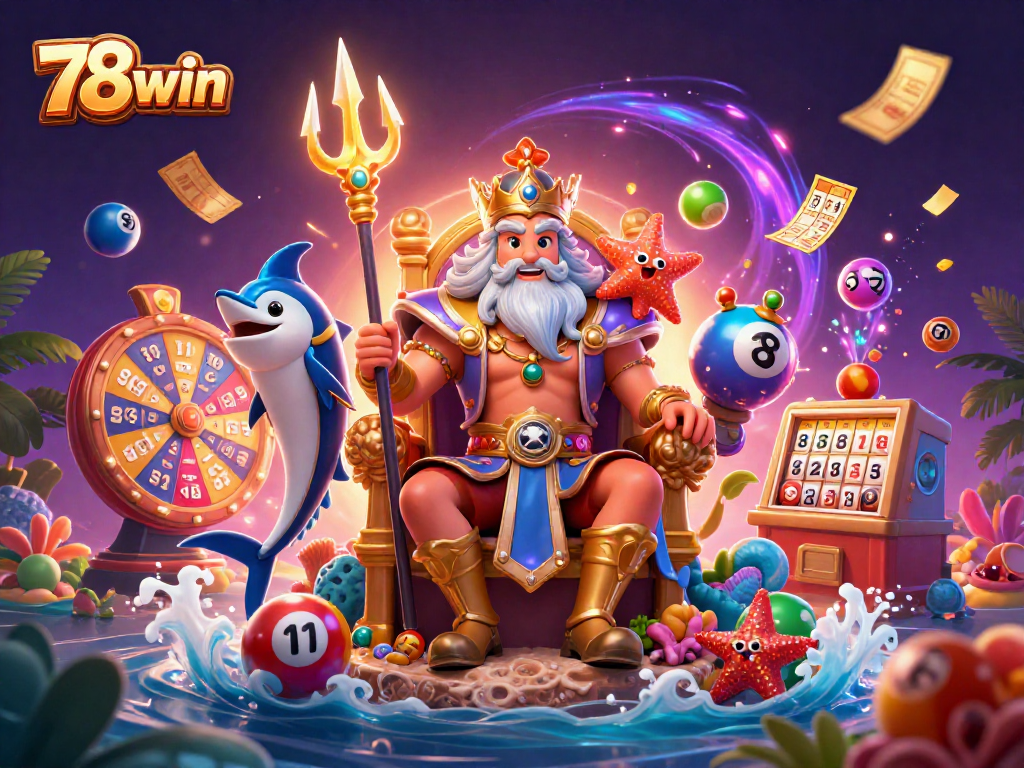 Experience the exciting world of 78win casino with vibrant lottery elements and sea king Neptune in action.