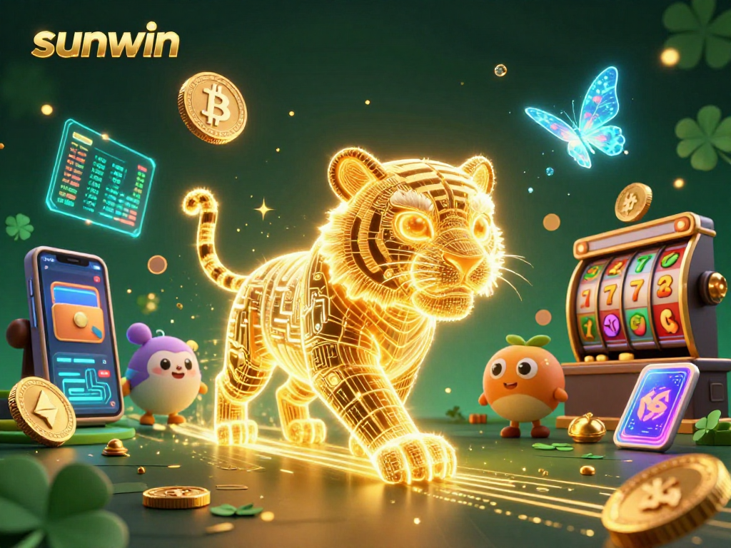 Engage with sunwin's thrilling digital casino featuring a luminous golden tiger and vibrant gaming elements.