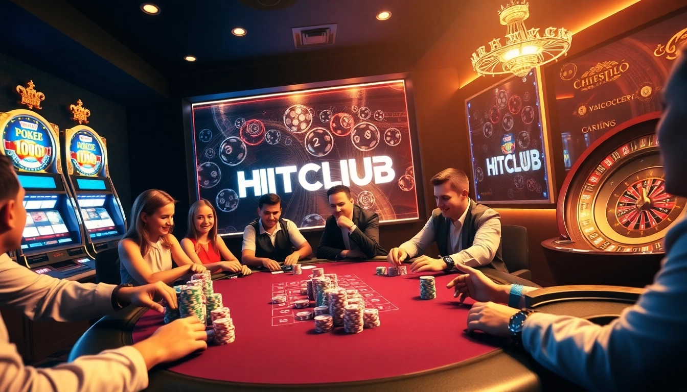 Excited players at HITCLUB poker table, showcasing a vibrant casino atmosphere.