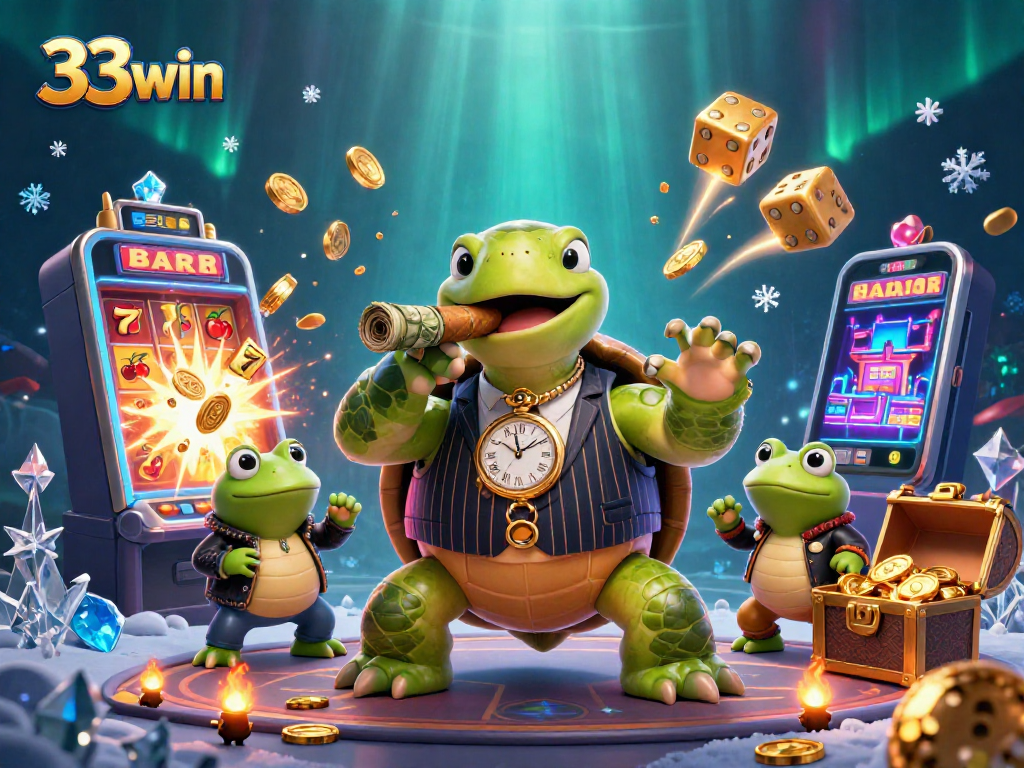 33win showcases a vibrant 3D cartoon scene of a snapping turtle and bullfrogs celebrating a casino jackpot.