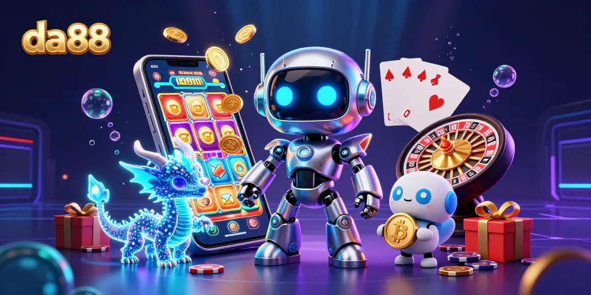 Engage in casino gaming excitement with da 88 illustrated robot and AI dragon amidst vibrant slot reels and rich colors.