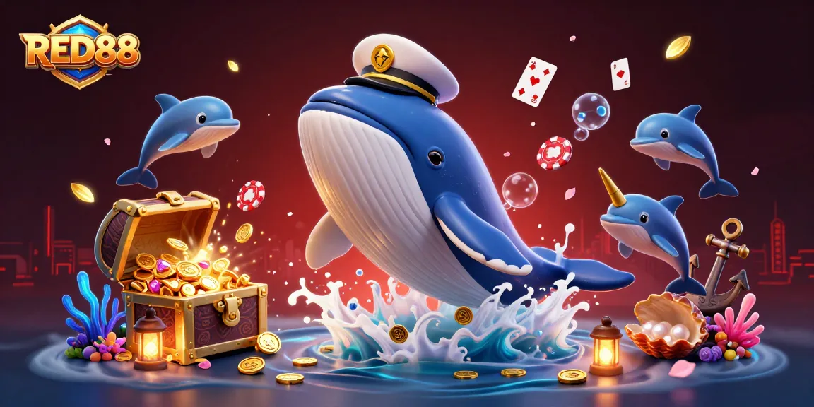 Join the adventure with RED88 as a whale captain breaching coins while playful dolphins showcase poker skills.