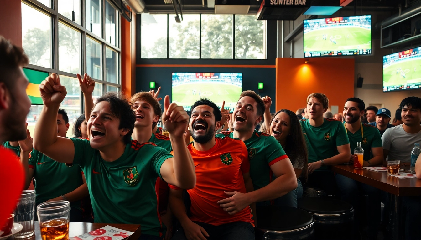 Fans enjoying a thrilling luongsontv live soccer match in a lively sports bar.