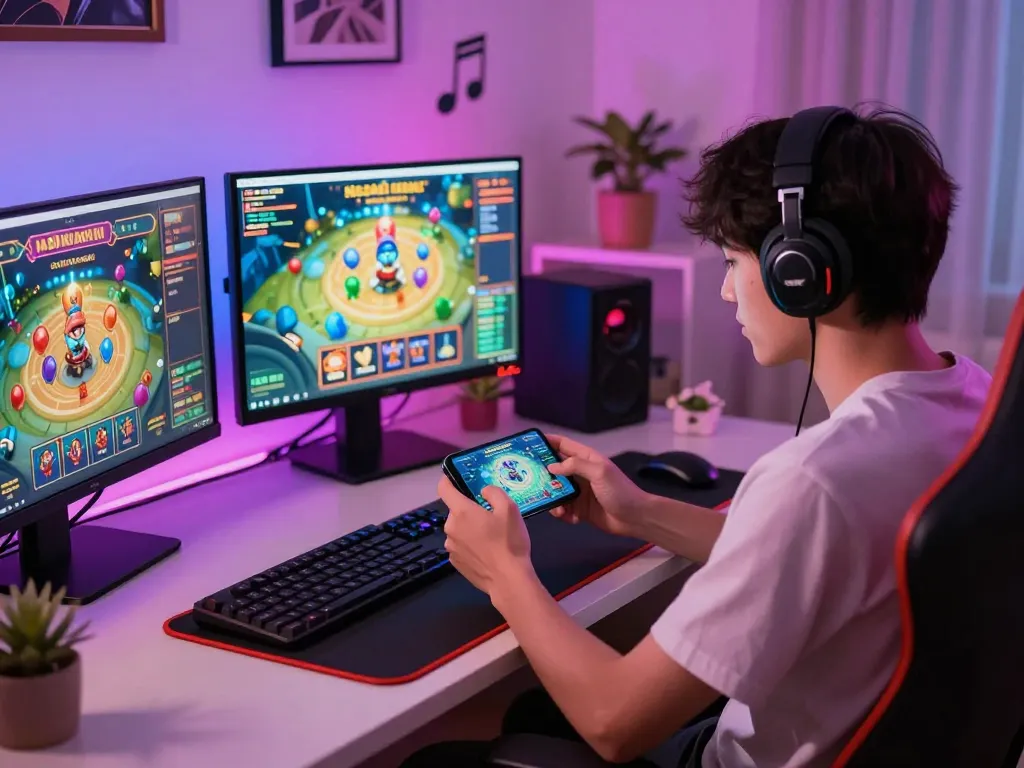 Engaged player using smartphone for game bài đổi thưởng in a vibrant online setup