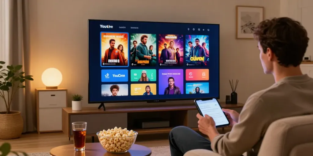 Homem navegando no aplicativo Baixar o APK do Youcine em uma sala de estar aconchegante.