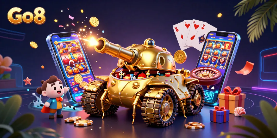 Engage in thrilling gaming at Go8 with a vibrant miniature casino illustration showcasing dynamic slot action.