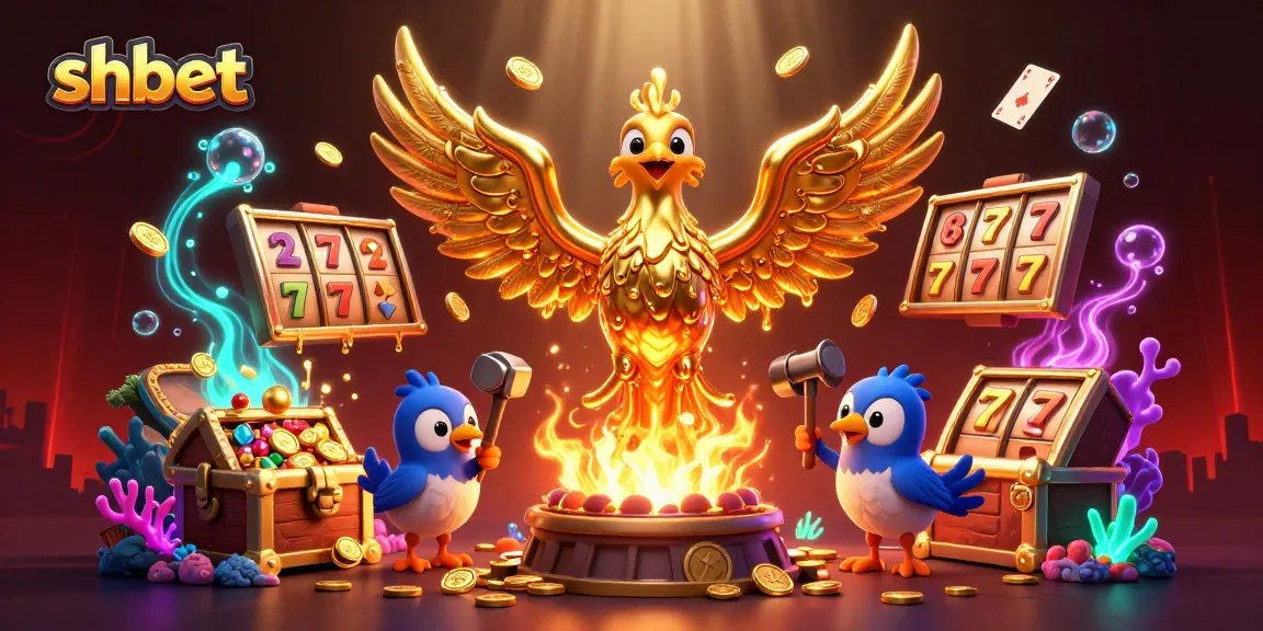 Experience the excitement of shbet with glowing golden phoenix and dynamic casino elements in a vibrant 3D illustration.