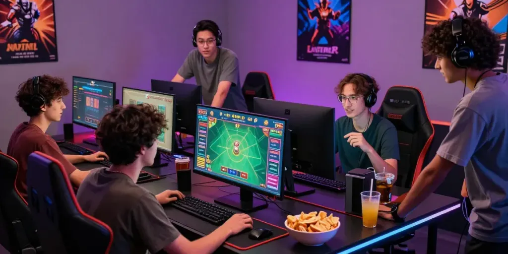 Grupo de amigos jogando Javatoto juntos em um ambiente animado.