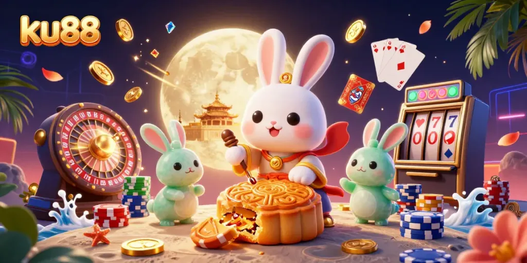 Experience thrilling gameplay with ku88, featuring a moon rabbit and poker chips amidst a dynamic casino scene.