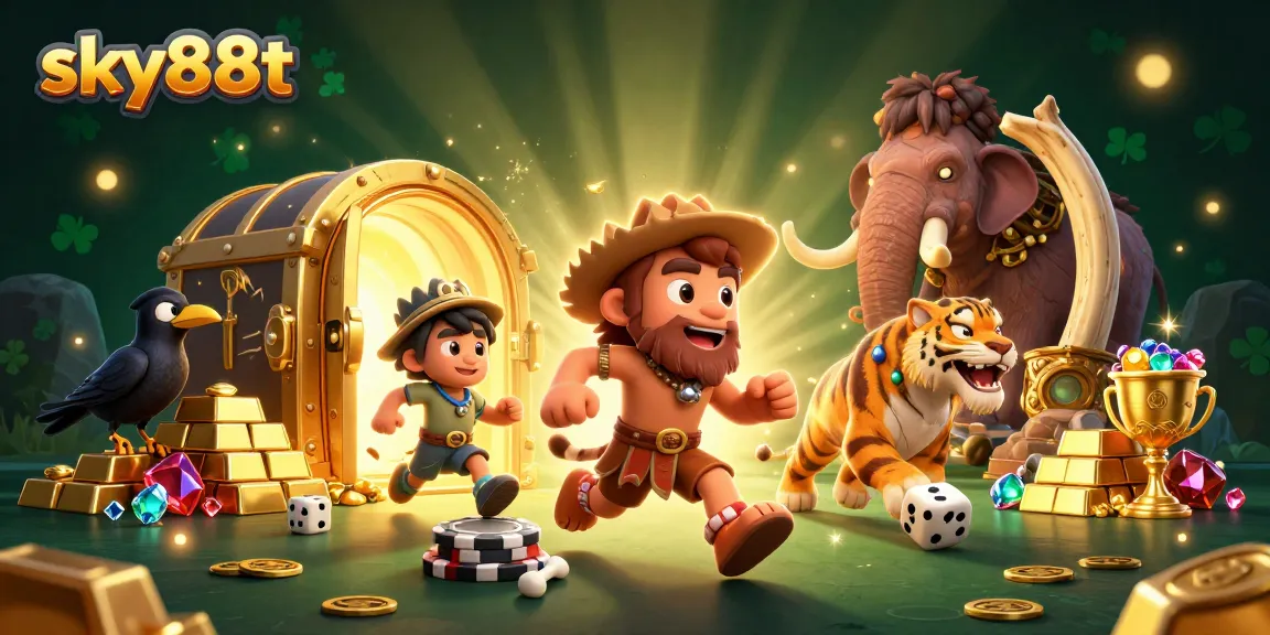 Engage in thrilling adventures at SKY88T's prehistoric casino with vibrant treasures and characters.
