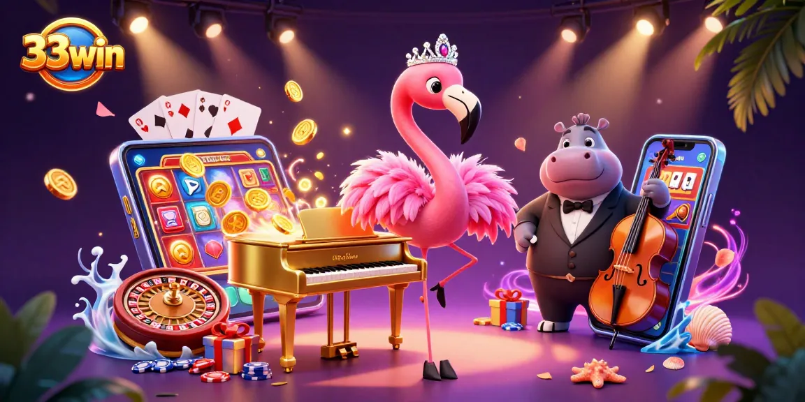 Experience thrilling moments at 33win with a vibrant casino scene featuring a flamingo and hippo.
