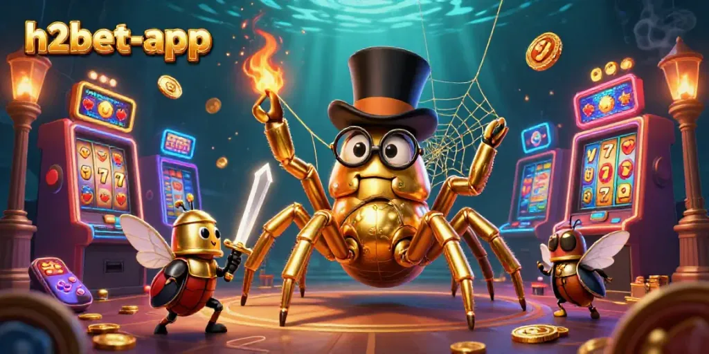 Experience vibrant gaming action with h2bet-app featuring a golden tarantula and beetle knight amidst colorful slot machines.